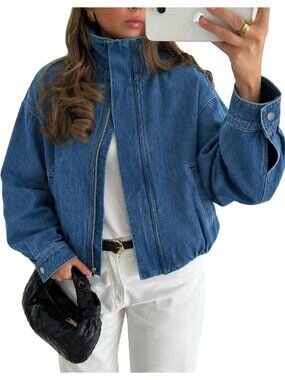 Women’s Navy Funnel Neck Cropped Denim ZIP Up Casual Jean Coat Bomber Jacket